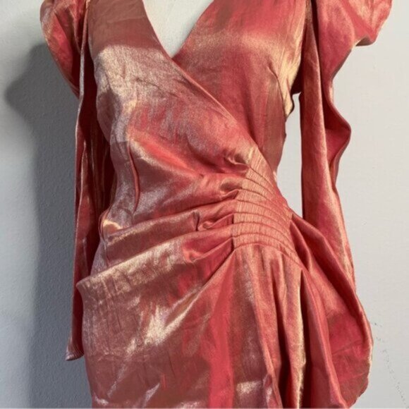 Elliatt Metallic Copper Gold Puff Shoulder Long Sleeve Wrap Mini Dress - Picture 9 of 13